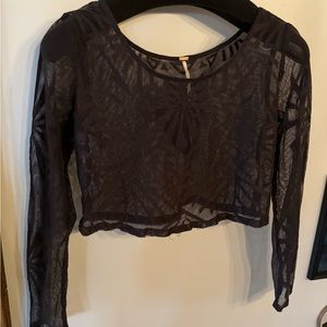 Black mesh long sleeve crop top with geometric embroidery